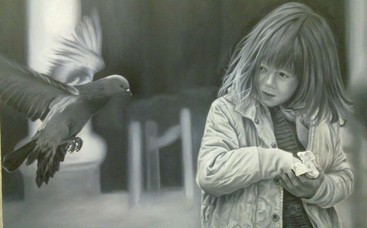 Schilderij getiteld "Child& bird.jpeg" door Arezoo Tehrani, Origineel Kunstwerk, Olie