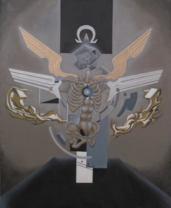 Painting titled "Ángel del Eterno Re…" by Arfaxad, Original Artwork, Oil Mounted on Wood Stretcher frame