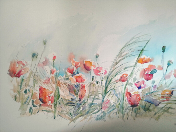 Painting titled "coquelicots" by Argane Sopher, Original Artwork, Watercolor