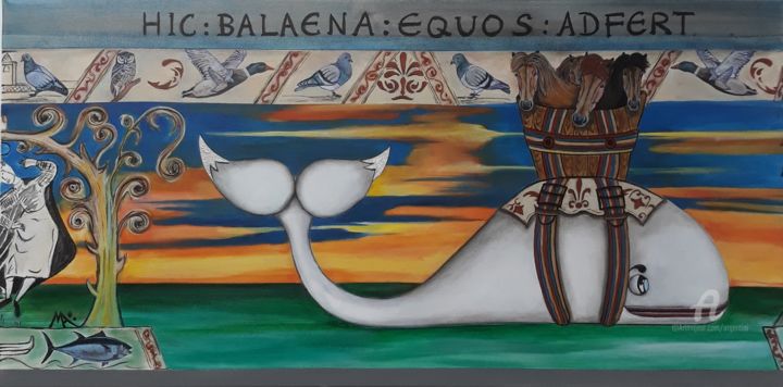 Collages intitolato "Hic balaena equos a…" da Marina Argentini, Opera d'arte originale, Acrilico