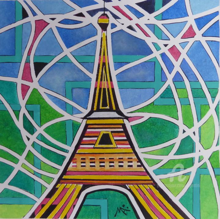 Peinture intitulée "Eiffel labyrinthique" par Marina Argentini, Œuvre d'art originale, Acrylique