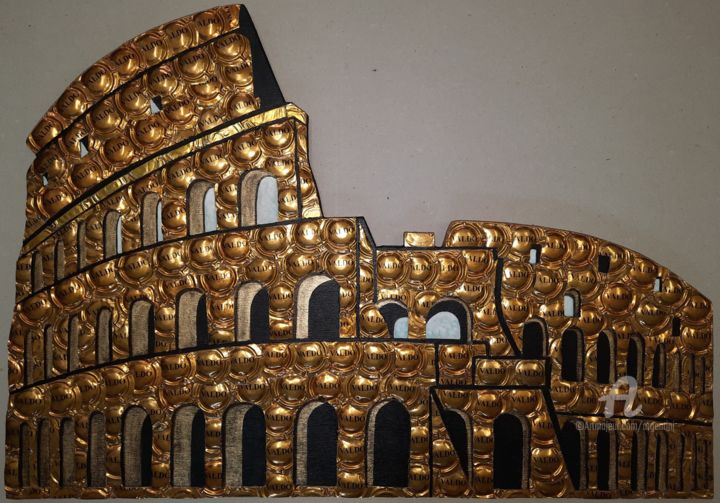 Collages titled "Colosseo 185" by Marina Argentini, Original Artwork, Metals Mounted on Other rigid panel