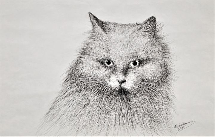 Zeichnungen mit dem Titel "Vihainen kissa" von Ari Reinikainen, Original-Kunstwerk, Tinte