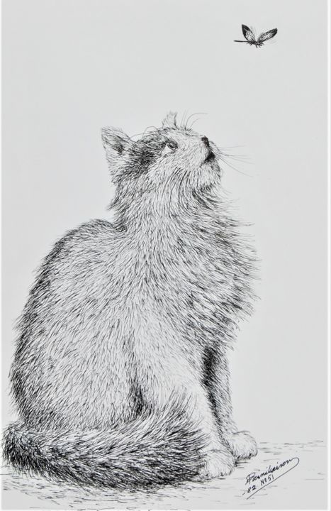 "Kissa ja perhonen" başlıklı Resim Ari Reinikainen tarafından, Orijinal sanat, Mürekkep