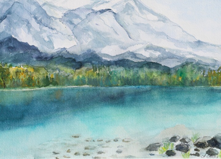 Malerei mit dem Titel "Berglandschaft" von Aria Artis, Original-Kunstwerk, Aquarell