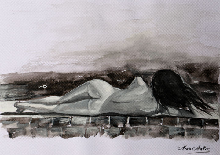 Painting titled "liegende Frau" by Aria Artis, Original Art, Watercolor
