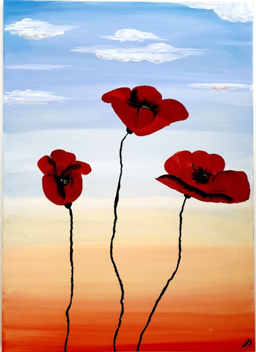 Peinture intitulée "3 coquelicots" par Ariane Houngbo, Œuvre d'art originale, Acrylique