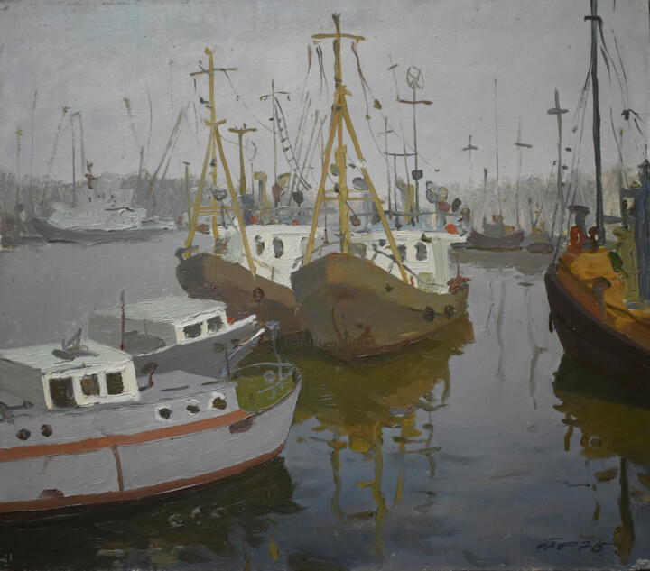 绘画 标题为“Boats Ships at Fish…” 由Arija Paikule, 原创艺术品, 油 安装在木质担架架上