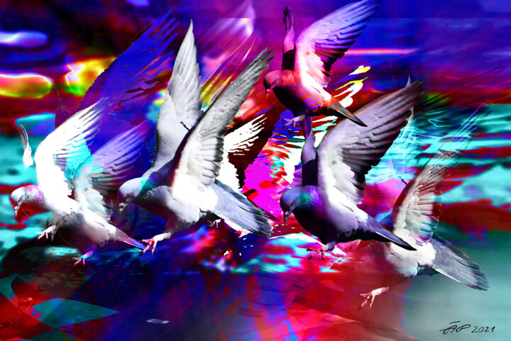 Fotografie getiteld "Doves flying 2" door Arija Paikule, Origineel Kunstwerk, Gemanipuleerde fotografie