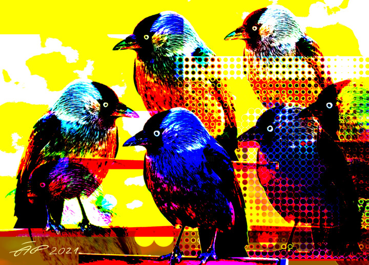 Digitale Kunst getiteld "Jackdaws Crow Bird…" door Arija Paikule, Origineel Kunstwerk, Foto Montage