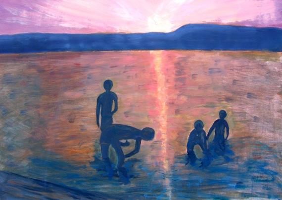 Painting titled "eilat sunrise" by Arik Sharon, Original Artwork, Oil