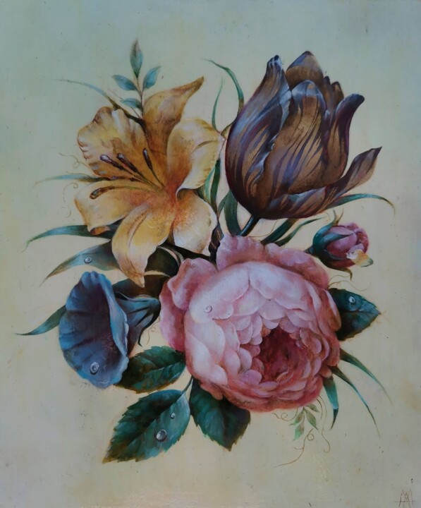 Pintura titulada "Oil Flower composit…" por Arina Melikhova, Obra de arte original, Oleo