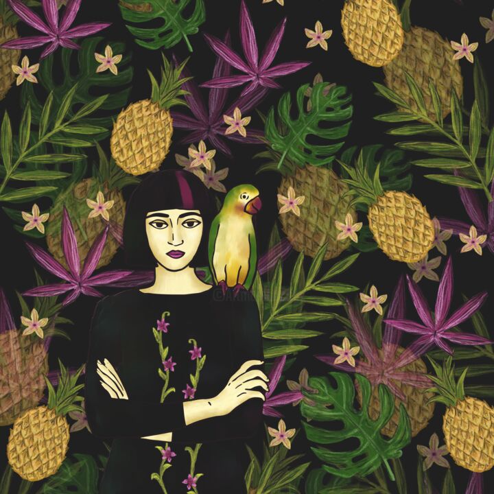 Printmaking titled "Girl with a Parrot" by Arina Qqshkina, Original Artwork, Digital Painting