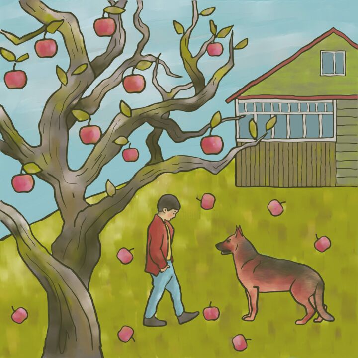 Printmaking titled "Friends and apples" by Arina Qqshkina, Original Artwork, Digital Painting