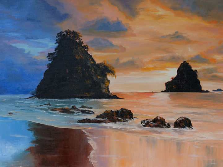 Painting titled "Sunset on warm sea" by Arina Tcherem, Original Artwork, Oil