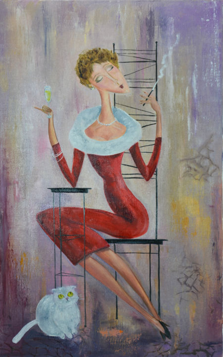 Картина под названием "Dans le café" - Arina Tcherem, Подлинное произведение искусства, Масло