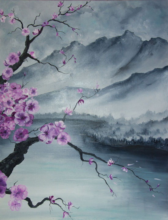 Peinture intitulée "Le cerisier du japon" par Arina Tcherem, Œuvre d'art originale, Huile