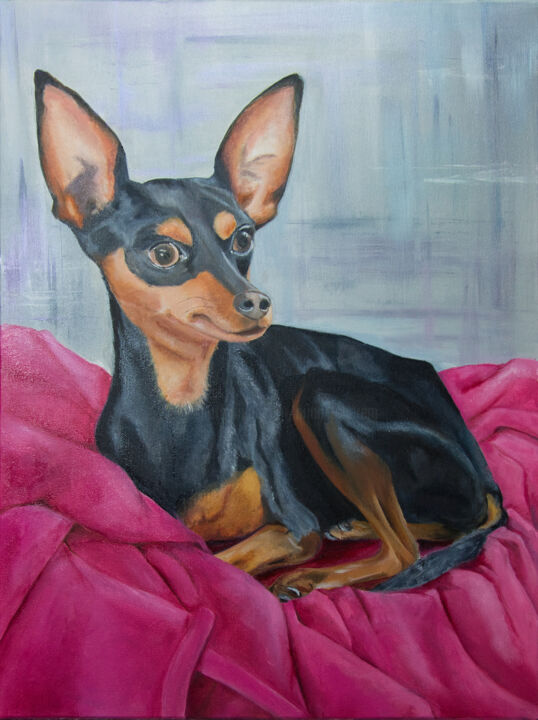 Painting titled "Pinscher nain" by Arina Tcherem, Original Artwork, Oil Mounted on Wood Stretcher frame