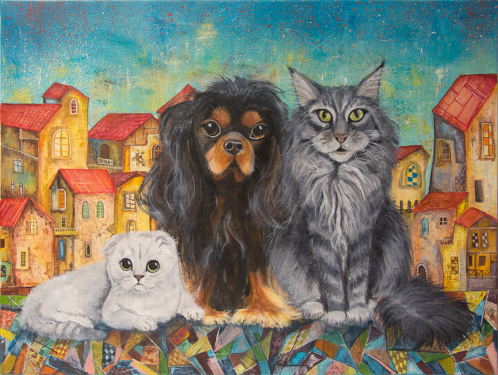 Painting titled "Trois mousquetaires" by Arina Tcherem, Original Artwork, Oil Mounted on Wood Stretcher frame