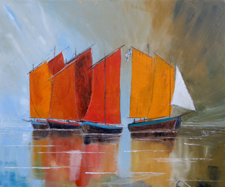 Malerei mit dem Titel "Bateaux de Morbihan" von Arina Tcherem, Original-Kunstwerk, Öl