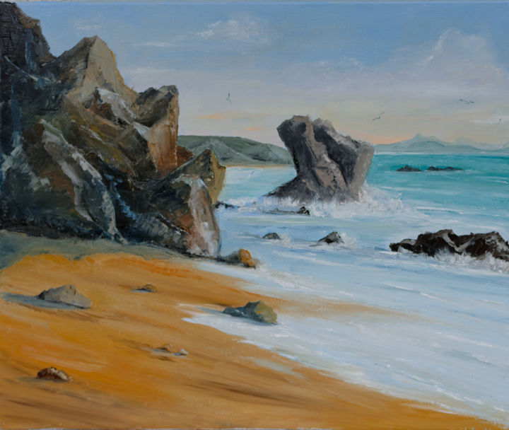 Painting titled "Les roches et la mer" by Arina Tcherem, Original Artwork, Oil