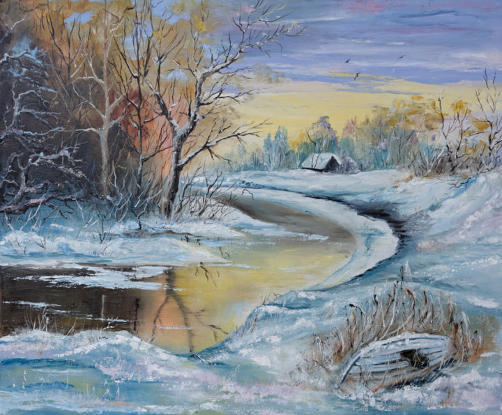 Painting titled "Winter's river" by Arina Tcherem, Original Artwork, Oil
