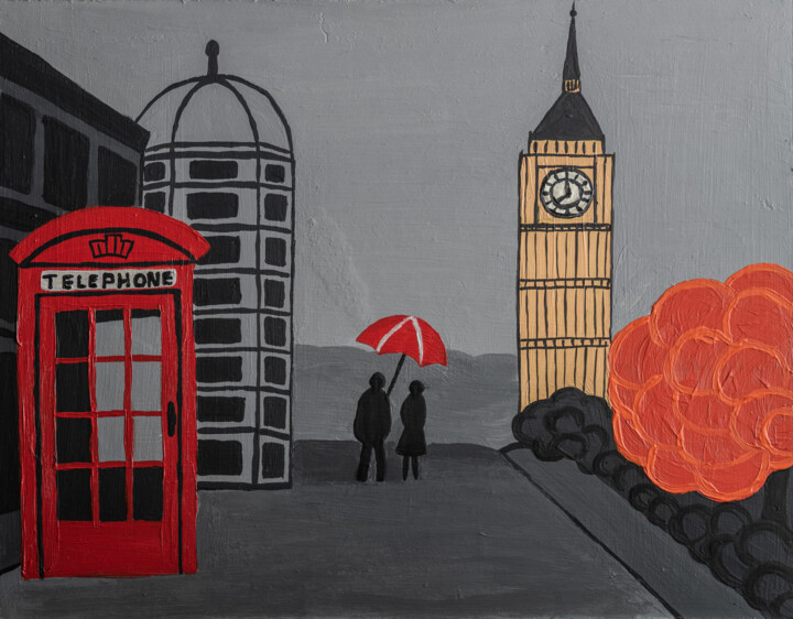 Painting titled "London Cityscape, R…" by Arina Yastrebova, Original Artwork, Acrylic Mounted on Cardboard