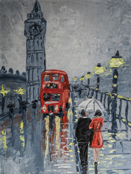 绘画 标题为“Rainy London Street…” 由Arina Yastrebova, 原创艺术品, 油 安装在纸板上