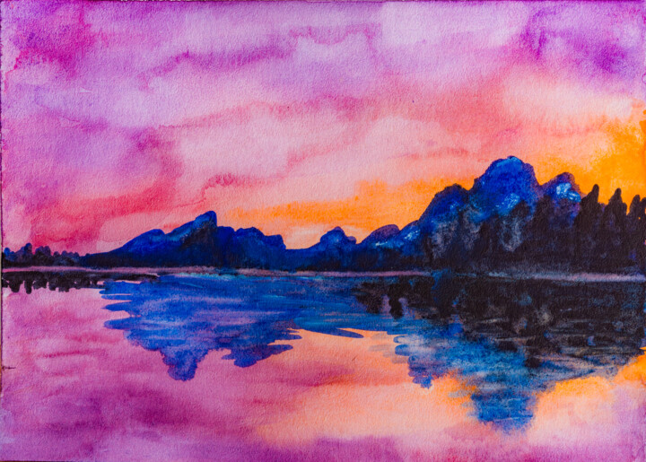 Lake Sunset Painting, Blue Landscape Watercolor Painting, Or