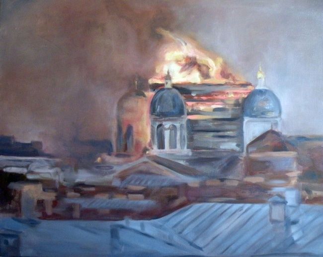 Painting titled "Church on Fire" by Arina Zinovyeva, Original Artwork, Oil