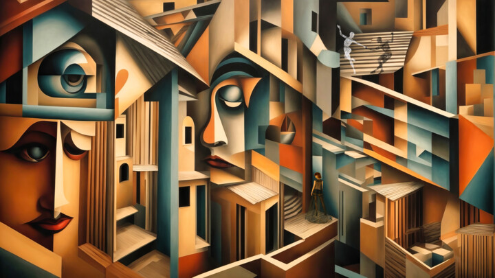 Digitale Kunst getiteld "Eschers thuis" door Arjen Roos, Origineel Kunstwerk, AI gegenereerde afbeelding
