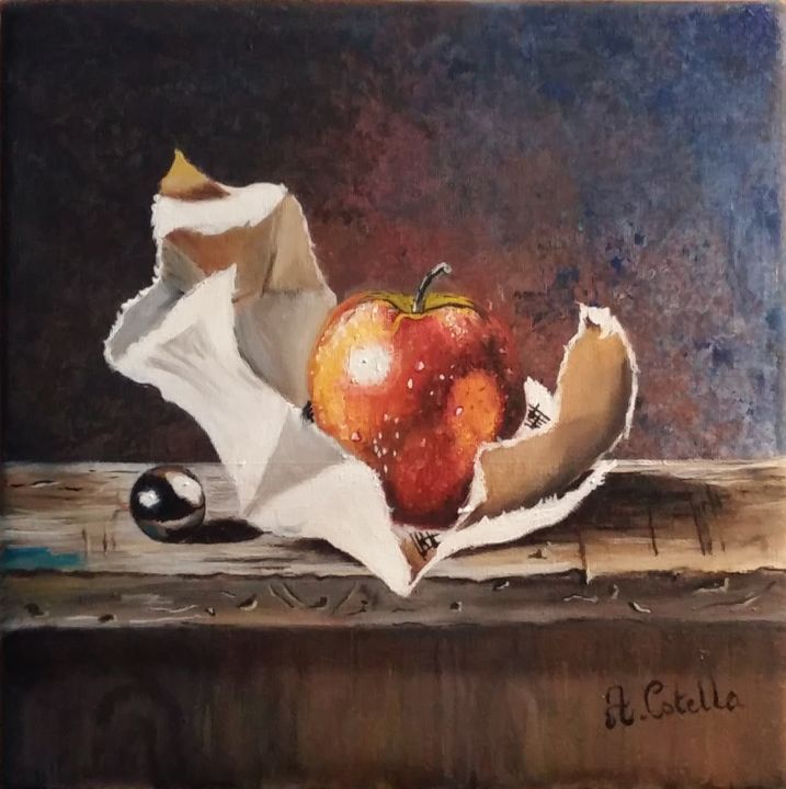 Peinture intitulée "POMME CROQUANTE" par Arlette Cotella, Œuvre d'art originale, Huile
