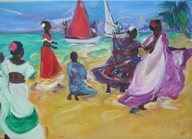 Peinture intitulée "dancing by the sea" par Arlette Fougeras Lavergnolle, Œuvre d'art originale