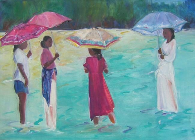 Peinture intitulée "ladies by the shore" par Arlette Fougeras Lavergnolle, Œuvre d'art originale