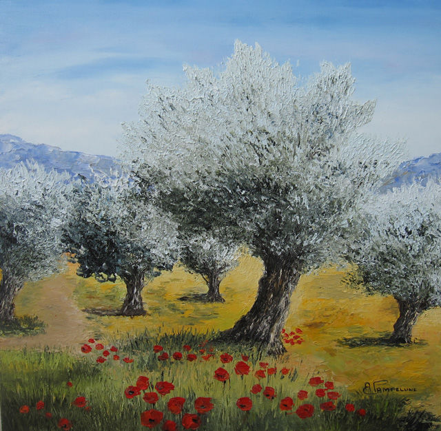 Peinture intitulée "Champ d'oliviers" par Arlette Pampelune, Œuvre d'art originale