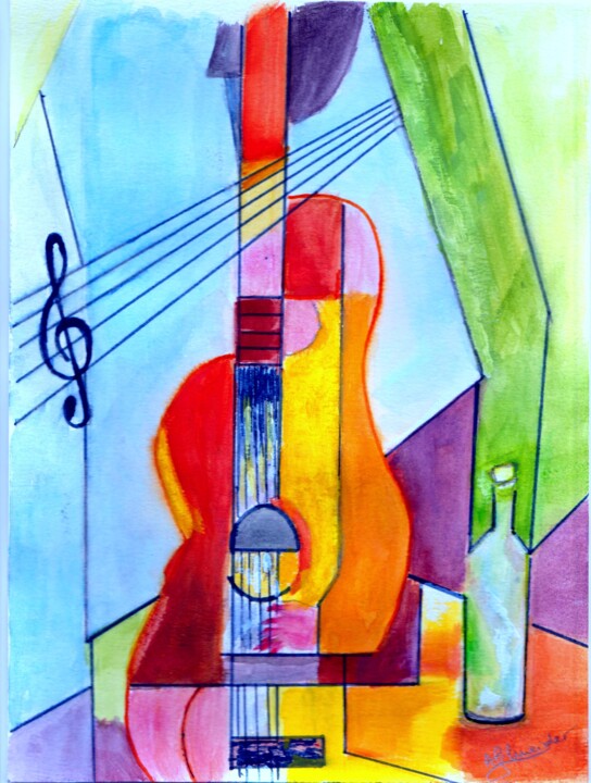 Peinture intitulée "Femme guitare" par Arlette Schneider, Œuvre d'art originale