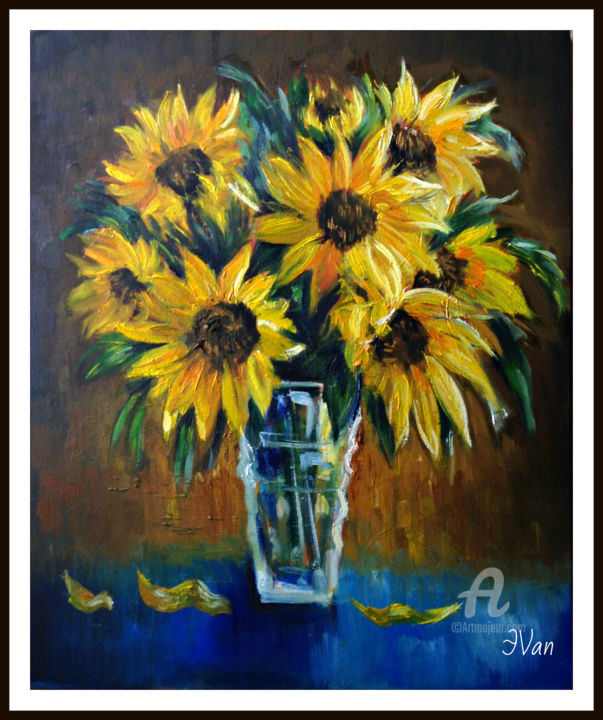 Painting titled "<<Sunflowers>>" by Erik Van, Original Artwork, Oil