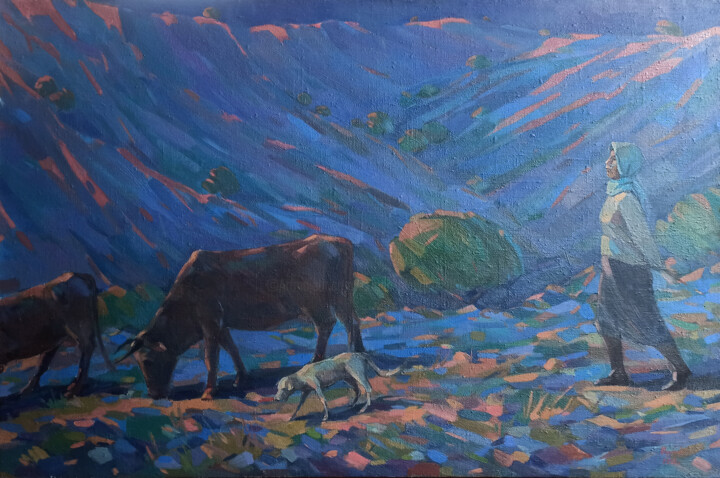 Painting titled "Evening in the Mead…" by Arman Avagyan, Original Artwork, Oil Mounted on Wood Stretcher frame