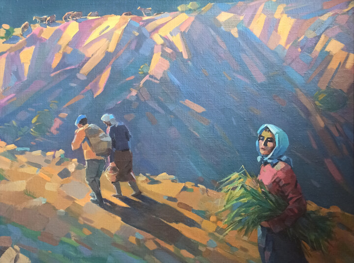 Painting titled "Rural Daily Toils" by Arman Avagyan, Original Artwork, Oil Mounted on Wood Stretcher frame
