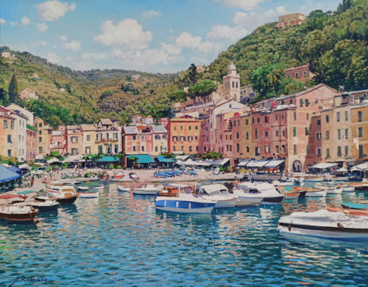 Painting titled "Portofino seaside" by Armando Romano, Original Artwork, Oil Mounted on Wood Stretcher frame