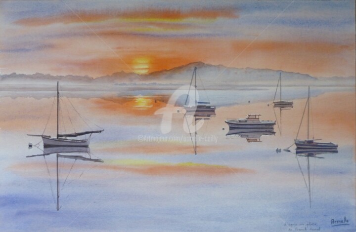 Peinture intitulée "Soleil levant sur P…" par Armelle Cailly, Œuvre d'art originale, Aquarelle Monté sur Carton