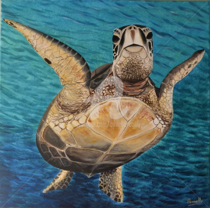 Painting titled "tortue en Guadeloupe" by Armelle Cailly, Original Artwork, Acrylic Mounted on Wood Stretcher frame