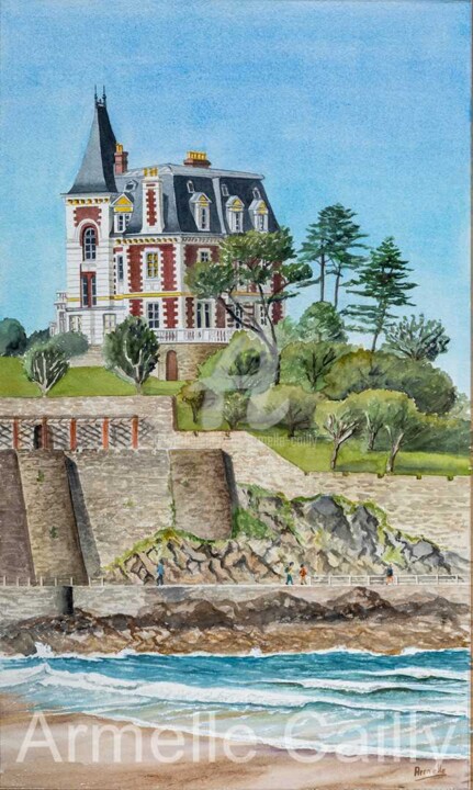 Painting titled "Dinard Villa des Ro…" by Armelle Cailly, Original Artwork, Watercolor Mounted on Cardboard