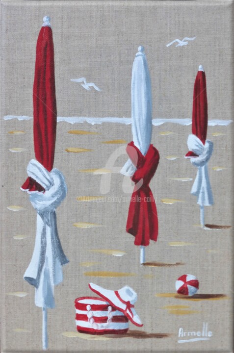 「petits parasols rou…」というタイトルの絵画 Armelle Caillyによって, オリジナルのアートワーク, アクリル ウッドストレッチャーフレームにマウント