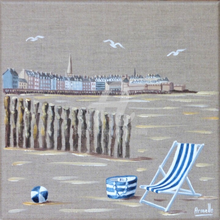Painting titled "Saint Malo plage" by Armelle Cailly, Original Artwork, Acrylic Mounted on Wood Stretcher frame