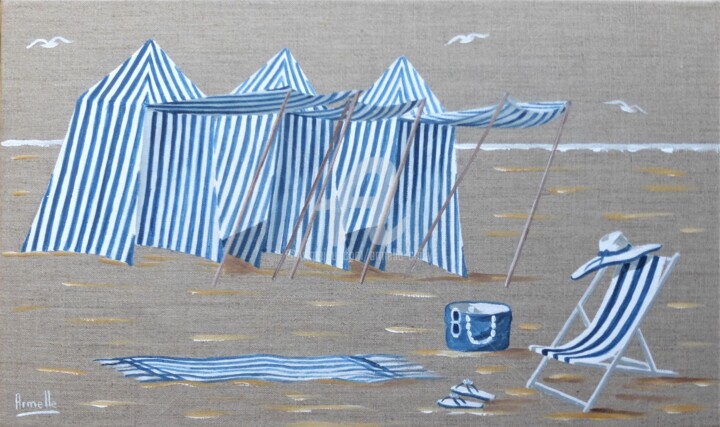 Malerei mit dem Titel "3 tentes à Dinard" von Armelle Cailly, Original-Kunstwerk, Acryl Auf Keilrahmen aus Holz montiert