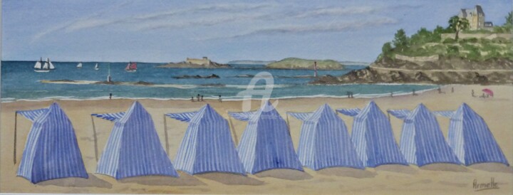 Painting titled "Dinard Tentes Point…" by Armelle Cailly, Original Artwork, Watercolor Mounted on Cardboard