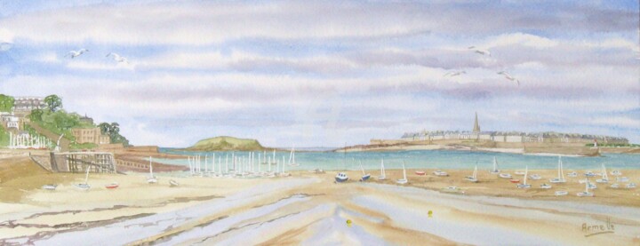 Peinture intitulée "Marée basse plage d…" par Armelle Cailly, Œuvre d'art originale, Aquarelle