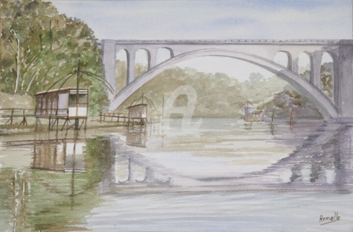 Peinture intitulée "Le pont de Lessart…" par Armelle Cailly, Œuvre d'art originale, Aquarelle Monté sur Carton