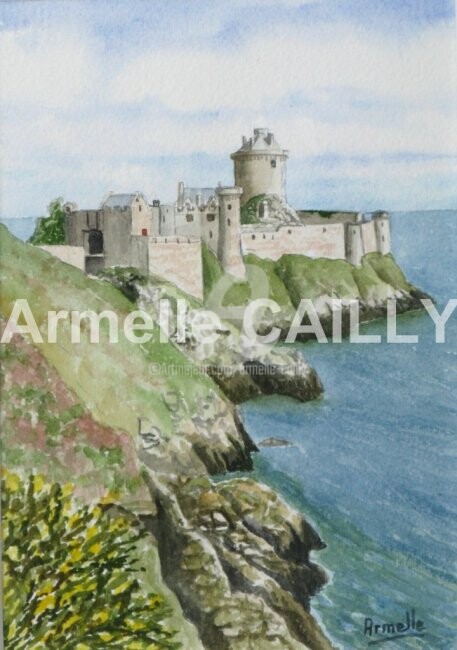 Painting titled "Fort la Latte 3" by Armelle Cailly, Original Artwork, Watercolor Mounted on Cardboard